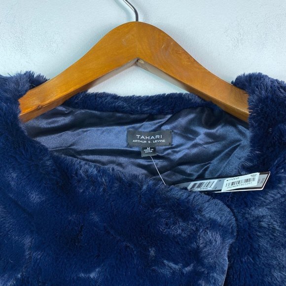 Tahari ASL Womens Medium Navy Faux Fur Lined Capelet Shrug Missing Button AT82 - Picture 3 of 7